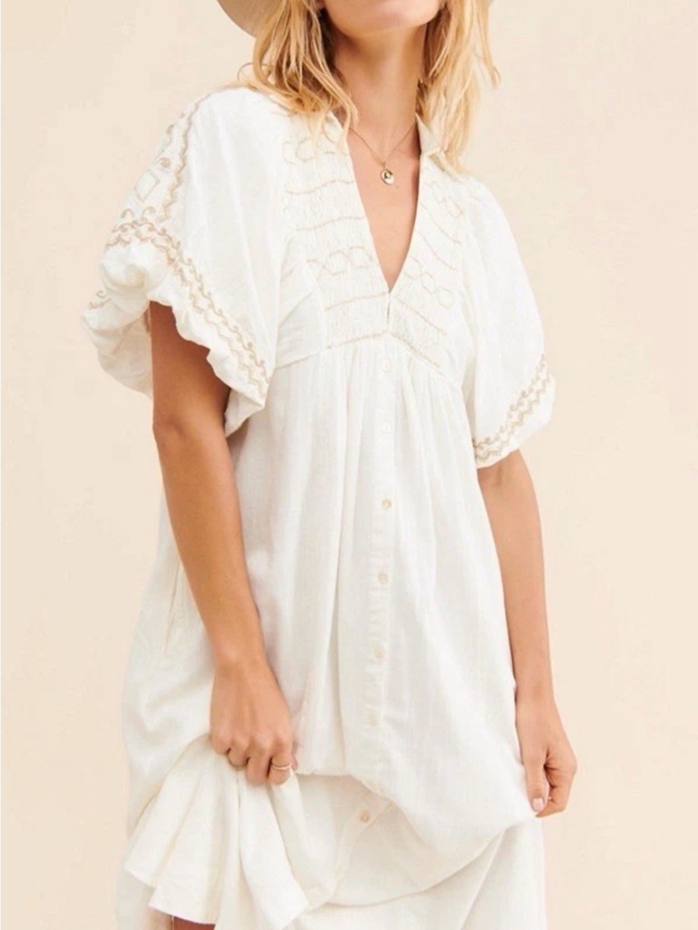Free People Boho Cream Embroidered Coastal Maxi Dress